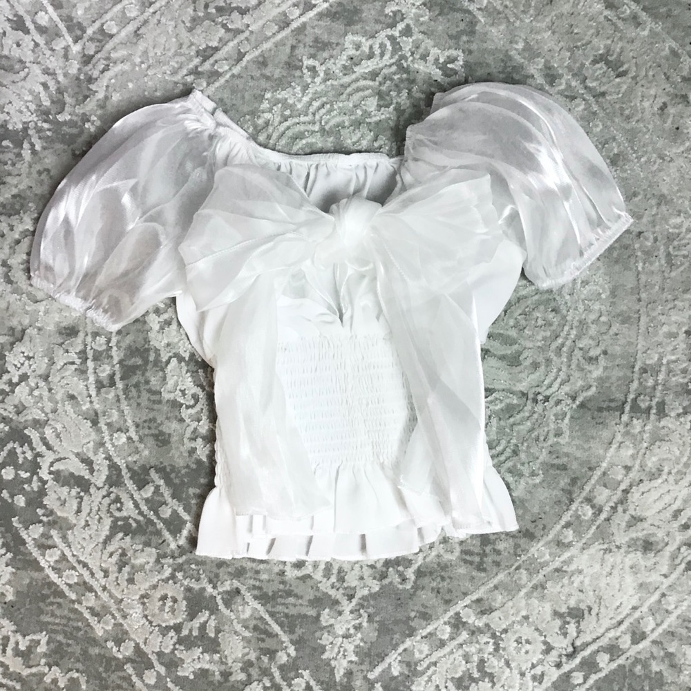 White Puff Sleeve Bow Smocked Waist Top